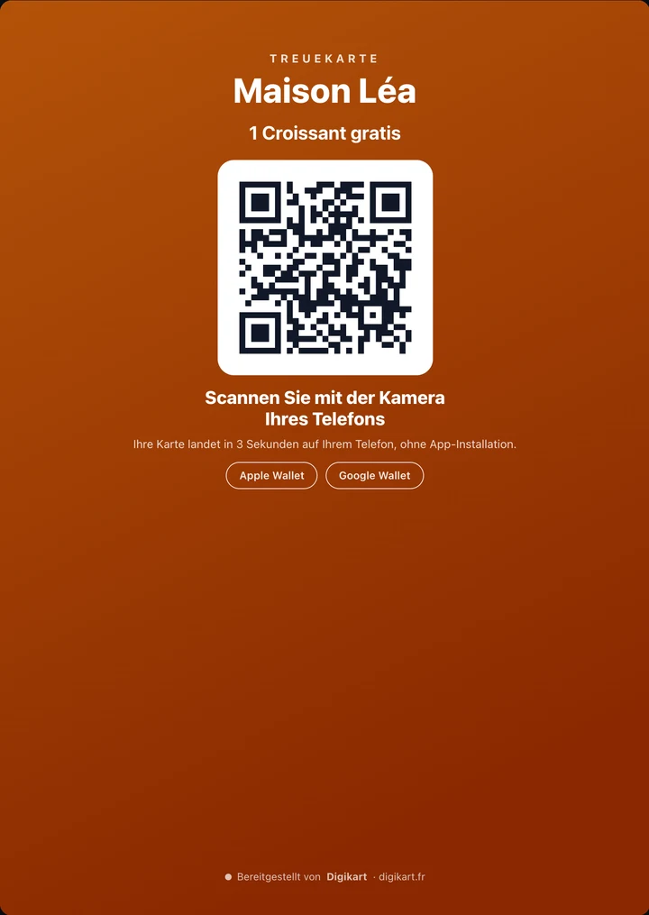 Thekenaushang eines Beispielgeschäfts, Maison Léa: „1 Croissant gratis“, ein QR-Code zum Scannen mit der Kamera, Apple Wallet und Google Wallet.