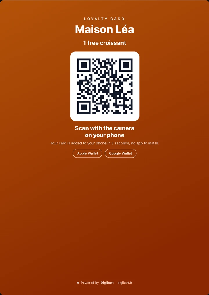 Counter poster of a sample business, Maison Léa: “1 free croissant”, a QR code to scan with the phone camera, Apple Wallet and Google Wallet.