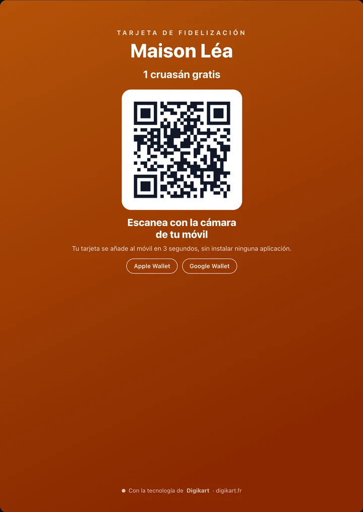 Cartel de mostrador de un comercio de ejemplo, Maison Léa: «1 cruasán gratis», un código QR para escanear con la cámara, Apple Wallet y Google Wallet.