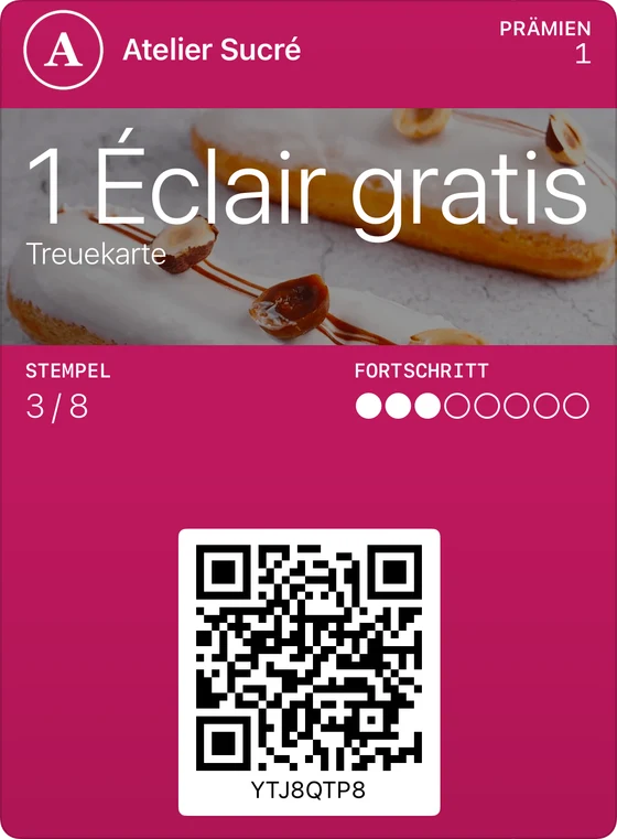 Beispiel einer klassischen Treuekarte in Apple Wallet: Atelier Sucré, 1 Éclair gratis, 3 von 8 Stempeln.