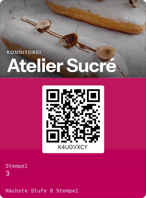 Beispiel einer Treuekarte in Apple Wallet: Atelier Sucré, Konditorei, 3 Stempel, nächste Stufe bei 8 Stempeln.