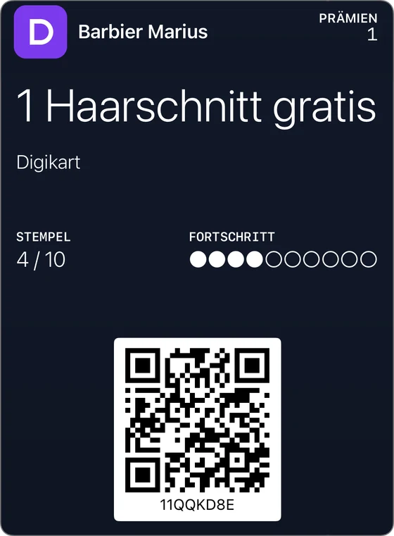 Beispiel einer klassischen Treuekarte in Apple Wallet: Barbier Marius, 1 Haarschnitt gratis, 4 von 10 Stempeln.