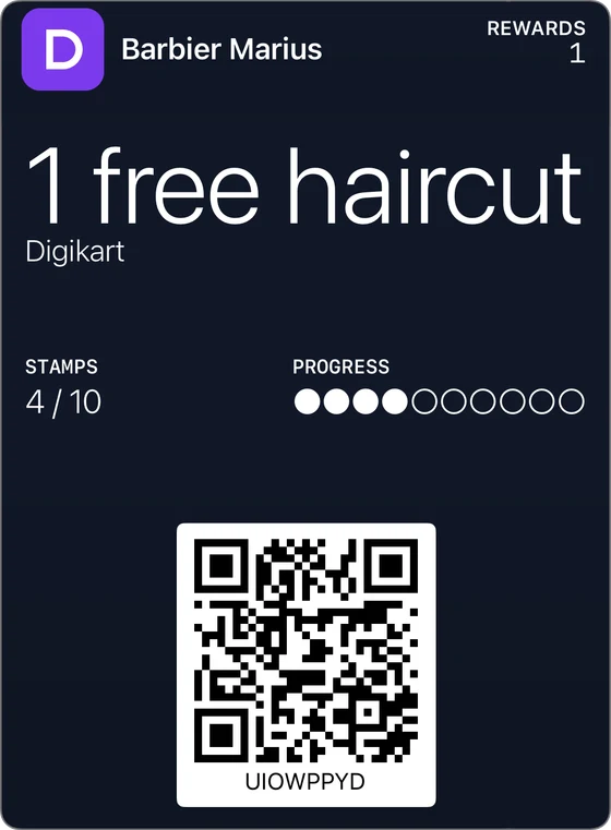 Example of a classic loyalty card in Apple Wallet: Barbier Marius, 1 free haircut, 4 stamps out of 10.