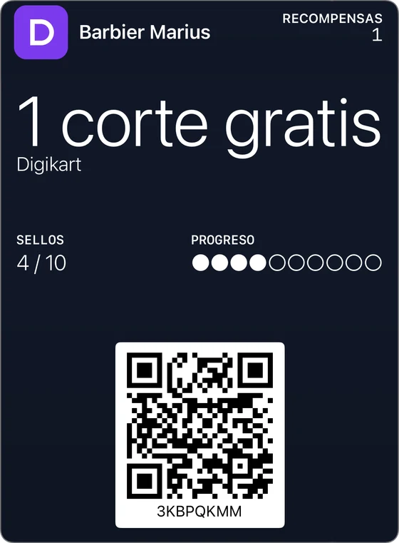 Ejemplo de tarjeta de fidelización clásica en Apple Wallet: Barbier Marius, 1 corte gratis, 4 sellos de 10.