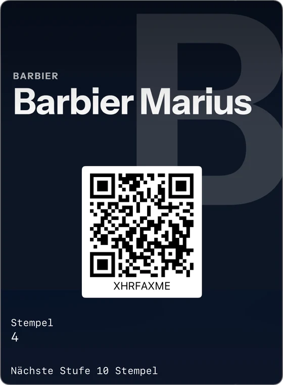 Beispiel einer Treuekarte in Apple Wallet: Barbier Marius, Barbier, 4 Stempel, nächste Stufe bei 10 Stempeln.