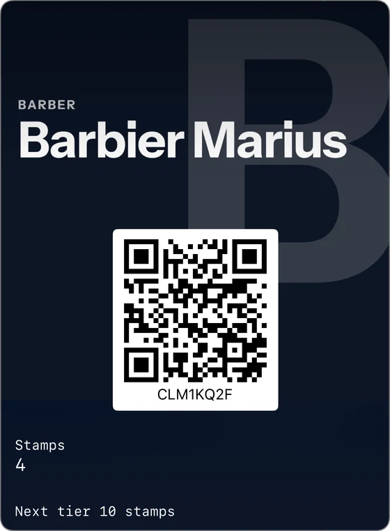Example of a loyalty card in Apple Wallet: Barbier Marius, barber, 4 stamps, next tier at 10 stamps.