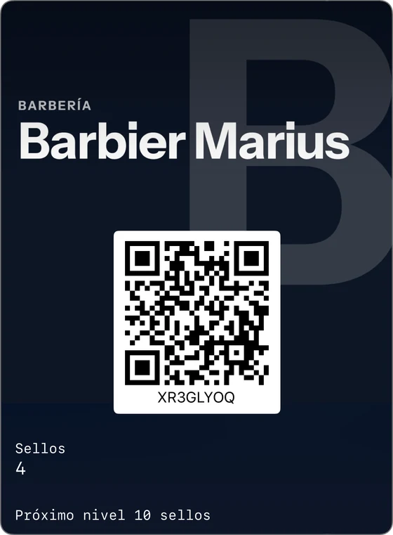 Ejemplo de tarjeta de fidelización en Apple Wallet: Barbier Marius, barbería, 4 sellos, próximo nivel a los 10 sellos.