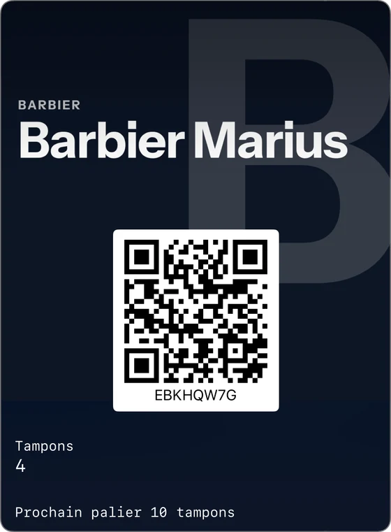 Exemple de carte de fidélité dans Apple Wallet : Barbier Marius, barbier, 4 tampons, prochain palier à 10 tampons.