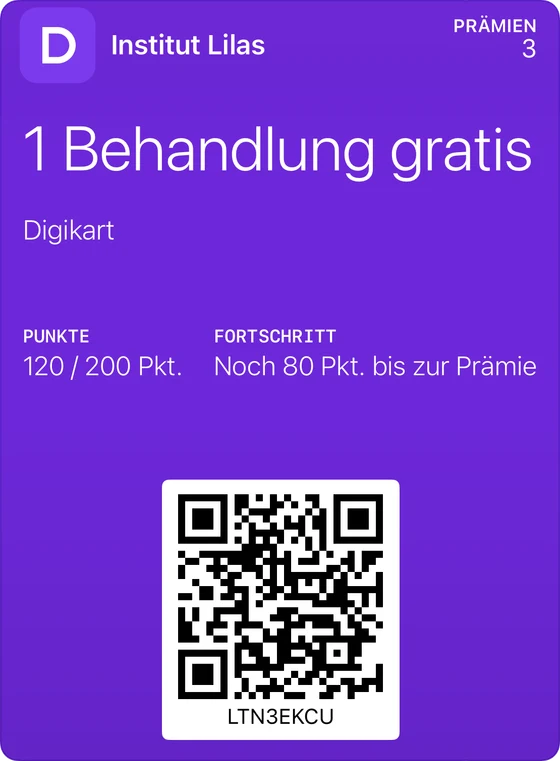 Beispiel einer klassischen Treuekarte in Apple Wallet: Institut Lilas, 1 Behandlung gratis, 120 von 200 Punkten.