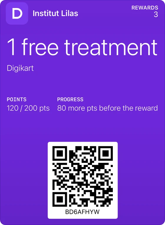 Example of a classic loyalty card in Apple Wallet: Institut Lilas, 1 free treatment, 120 points out of 200.