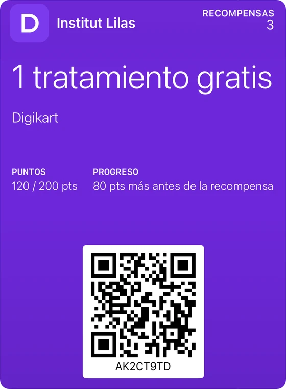 Ejemplo de tarjeta de fidelización clásica en Apple Wallet: Institut Lilas, 1 tratamiento gratis, 120 puntos de 200.