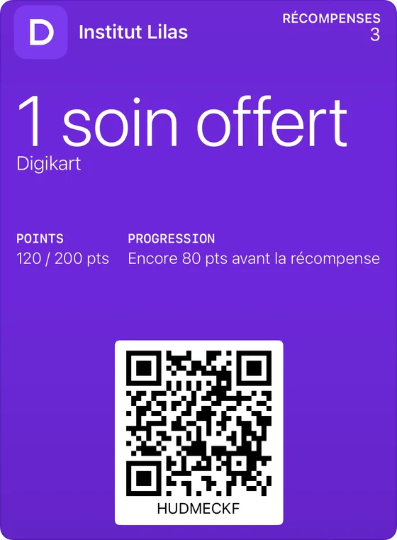 Exemple de carte de fidélité classique dans Apple Wallet : Institut Lilas, 1 soin offert, 120 points sur 200.