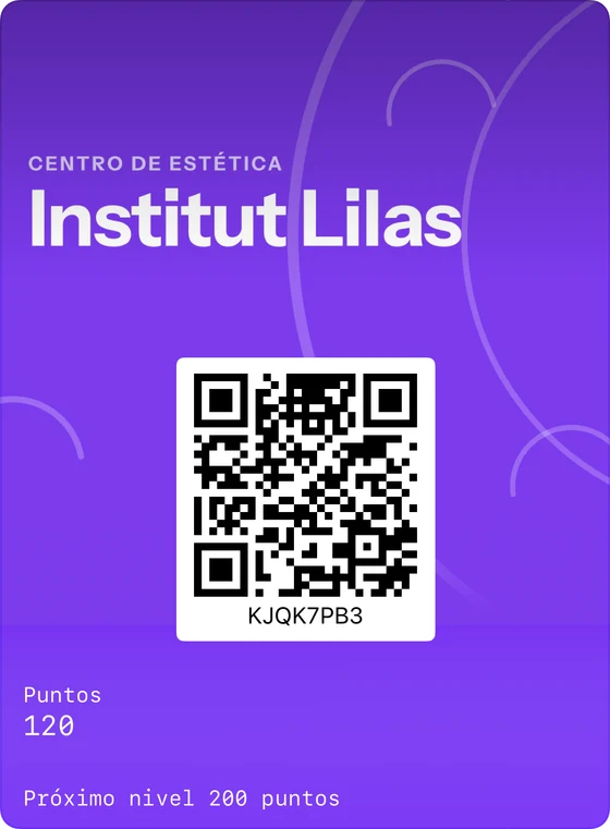Ejemplo de tarjeta de fidelización en Apple Wallet: Institut Lilas, centro de estética, 120 puntos, próximo nivel a los 200 puntos.