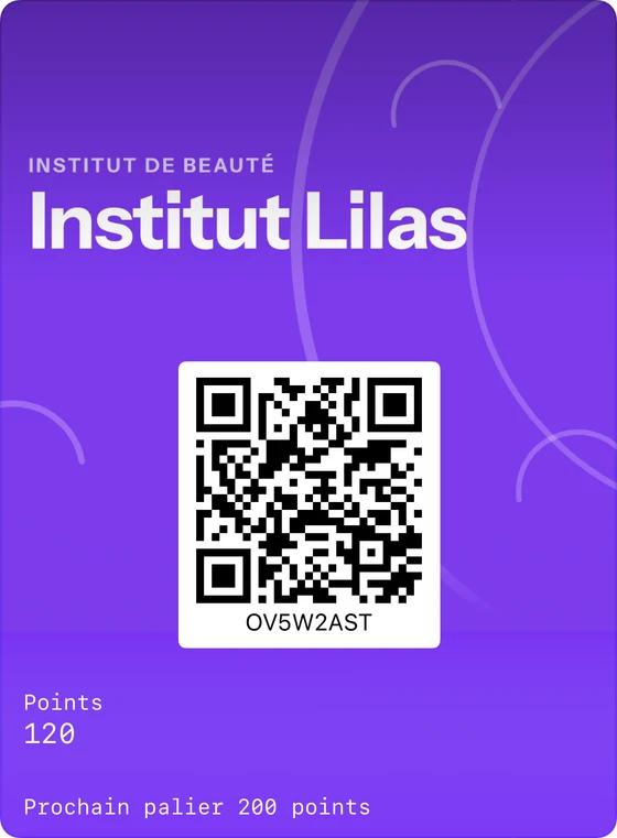 Exemple de carte de fidélité dans Apple Wallet : Institut Lilas, institut de beauté, 120 points, prochain palier à 200 points.