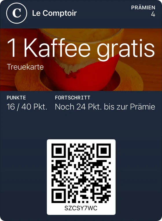 Beispiel einer klassischen Treuekarte in Apple Wallet: Le Comptoir, 1 Kaffee gratis, 16 von 40 Punkten.