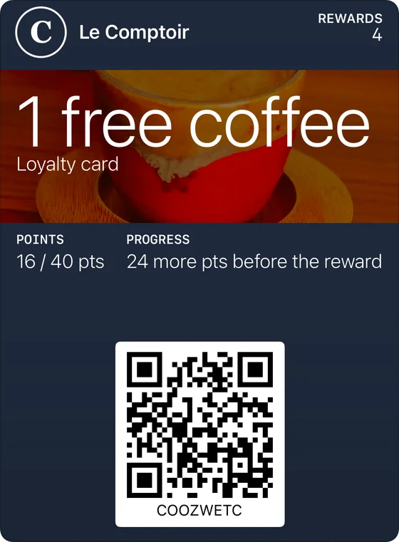Example of a classic loyalty card in Apple Wallet: Le Comptoir, 1 free coffee, 16 points out of 40.
