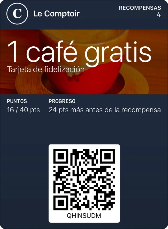 Ejemplo de tarjeta de fidelización clásica en Apple Wallet: Le Comptoir, 1 café gratis, 16 puntos de 40.