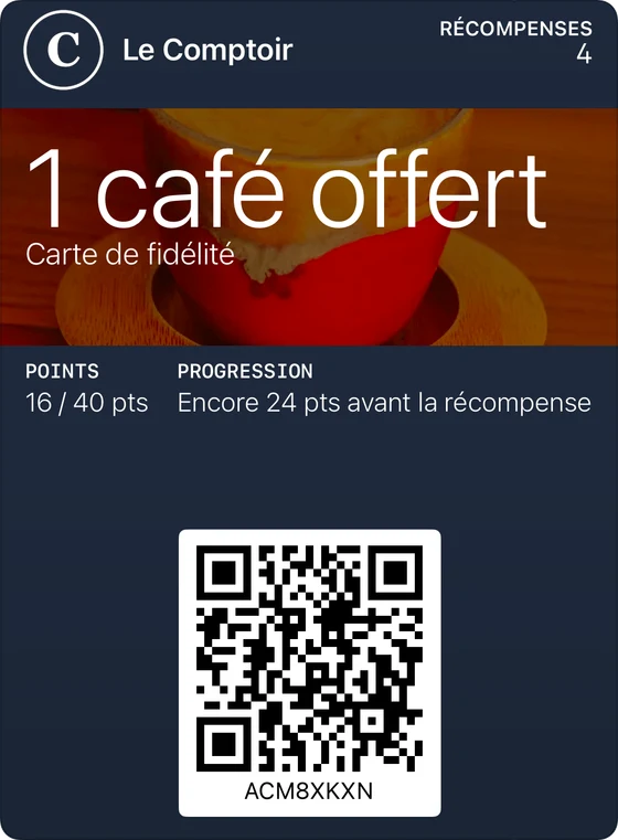 Exemple de carte de fidélité classique dans Apple Wallet : Le Comptoir, 1 café offert, 16 points sur 40.