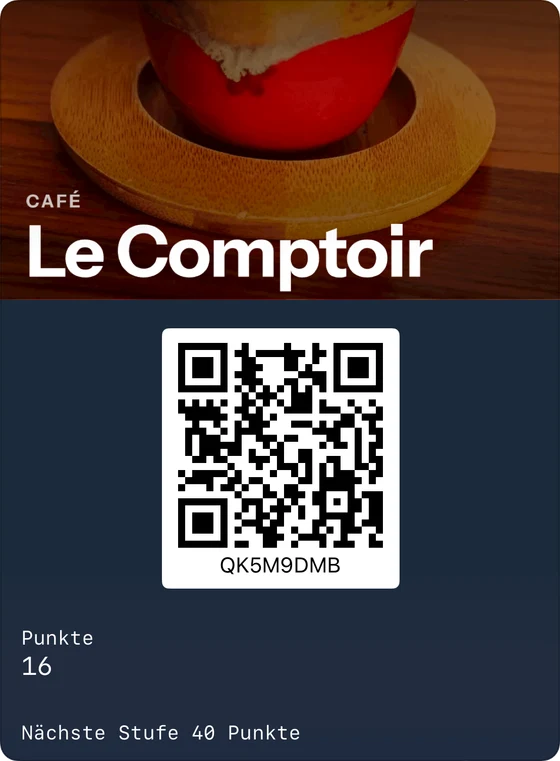 Beispiel einer Treuekarte in Apple Wallet: Le Comptoir, Café, 16 Punkte, nächste Stufe bei 40 Punkten.