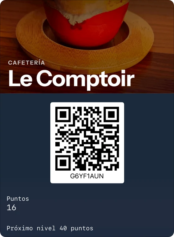 Ejemplo de tarjeta de fidelización en Apple Wallet: Le Comptoir, cafetería, 16 puntos, próximo nivel a los 40 puntos.