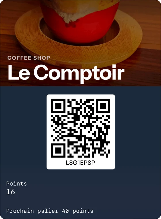 Exemple de carte de fidélité dans Apple Wallet : Le Comptoir, coffee shop, 16 points, prochain palier à 40 points.