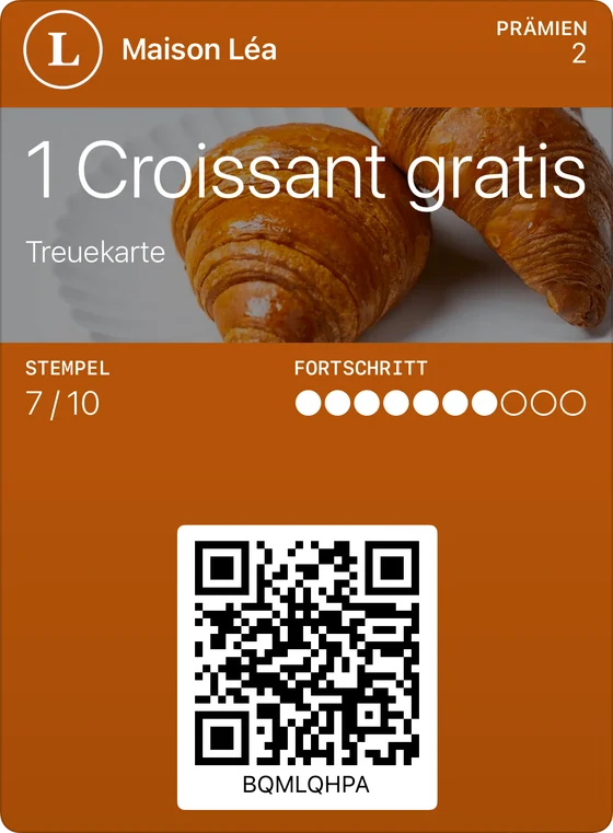 Beispiel einer klassischen Treuekarte in Apple Wallet: Maison Léa, 1 Croissant gratis, 7 von 10 Stempeln.