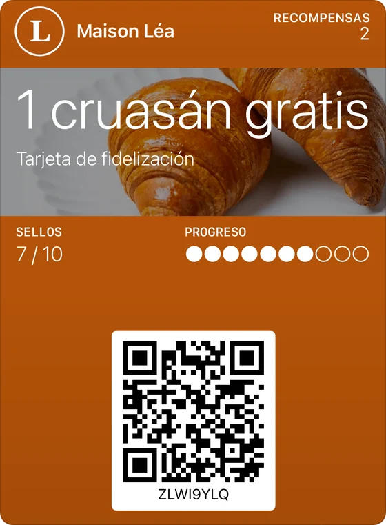 Ejemplo de tarjeta de fidelización clásica en Apple Wallet: Maison Léa, 1 cruasán gratis, 7 sellos de 10.
