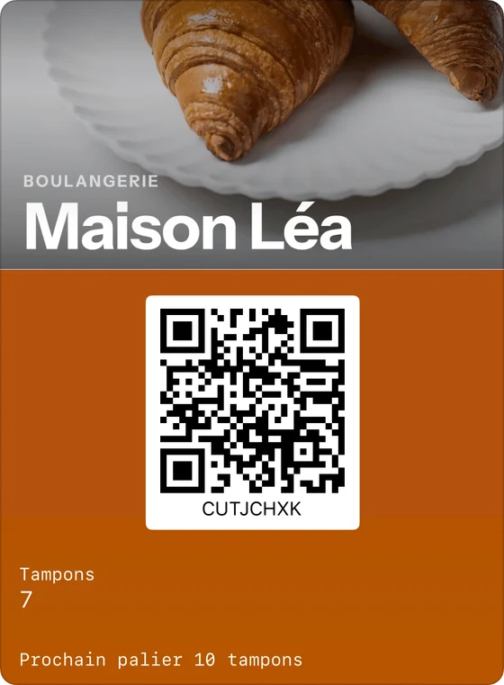 Exemple de carte de fidélité dans Apple Wallet : Maison Léa, boulangerie, 7 tampons, prochain palier à 10 tampons.