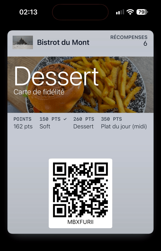 Digikart loyalty card in Apple Wallet on iPhone: the customer's points balance, their reward tiers and their QR code.